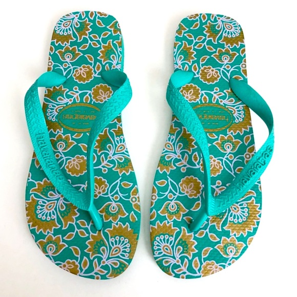 Havaianas Women’s Original Style Flip Flops-Green w Purple & Gold Flowers-Sz7/8 - Picture 1 of 5